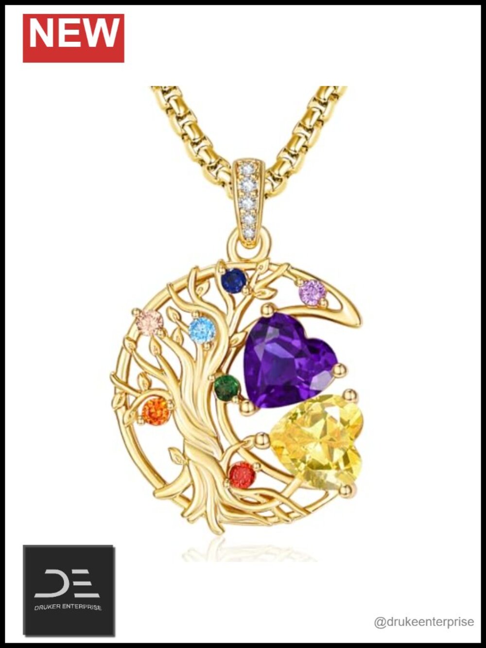 14K Gold Plated Tree of Life 7 Chakra Pendant Necklace with 2 Birthstones